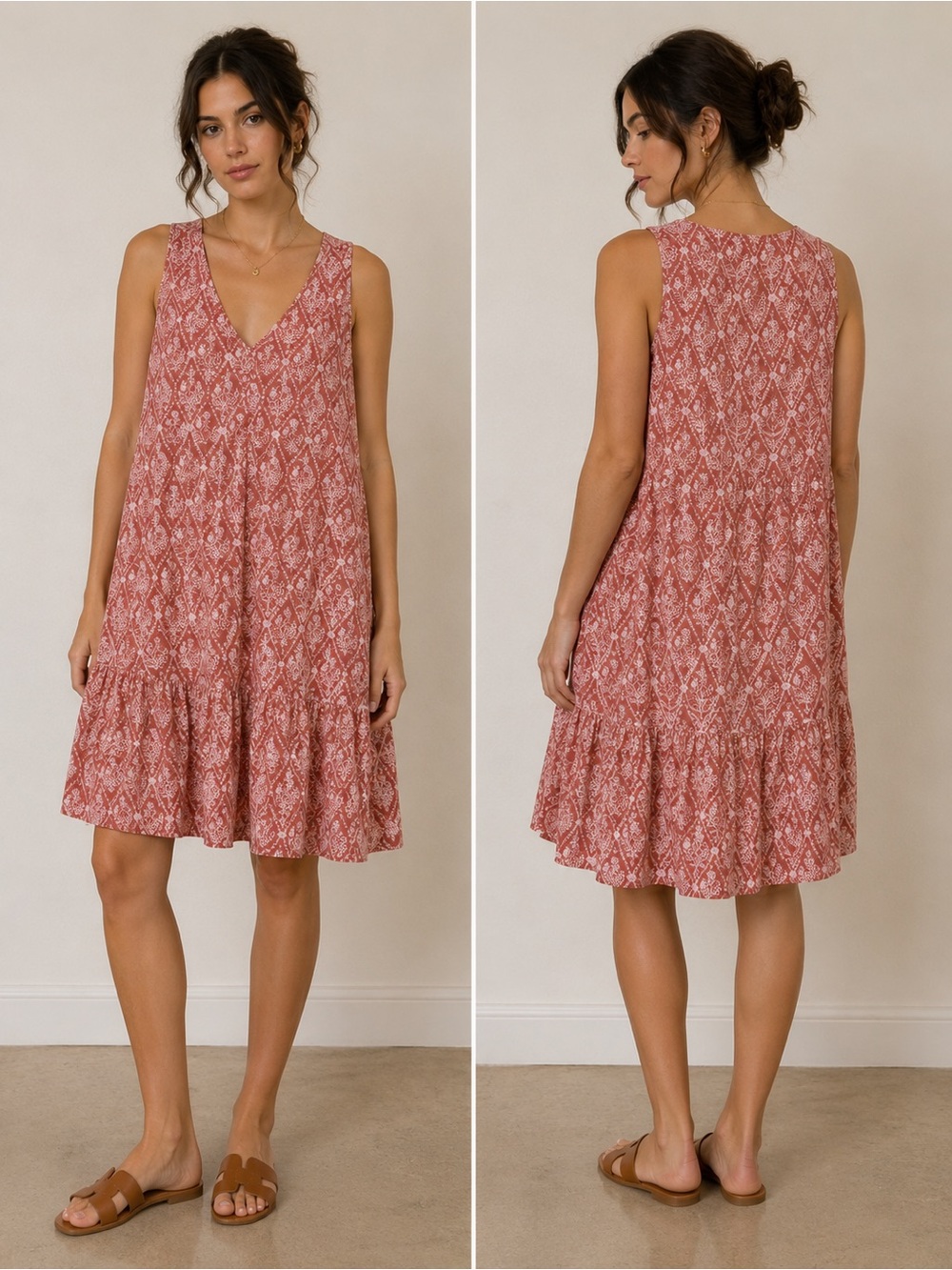 Sincerly Jules Boho Coral-Pink Printed V-Neck Mini Dress - Size L